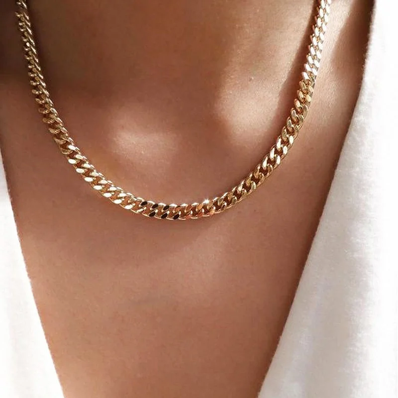 Vnox Cuban Chain Necklace for Men Women,Basic Punk Stainless Steel Curb Link Chain Chokers,Vintage Gold Color Solid Metal Collar