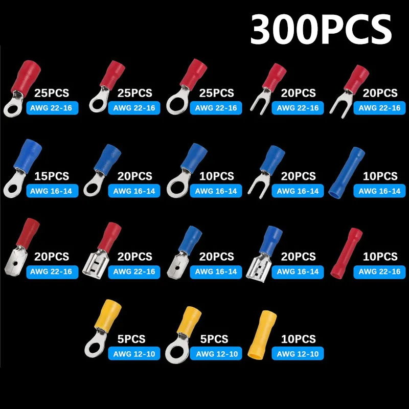 102/122/222/280/300pcs Assorted Spade Terminals Insulated Cable Splice Butt Connector Electrical Wire Crimp Ring Fork Lugs Kit