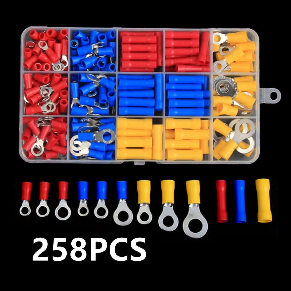 102/122/222/280/300pcs Assorted Spade Terminals Insulated Cable Splice Butt Connector Electrical Wire Crimp Ring Fork Lugs Kit