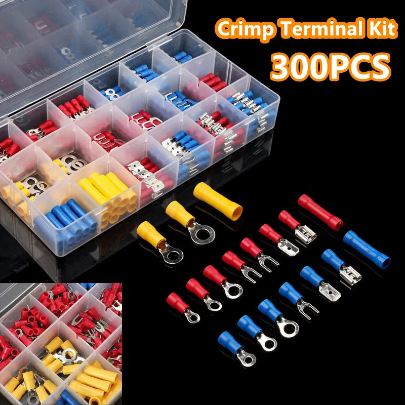 102/122/222/280/300pcs Assorted Spade Terminals Insulated Cable Splice Butt Connector Electrical Wire Crimp Ring Fork Lugs Kit
