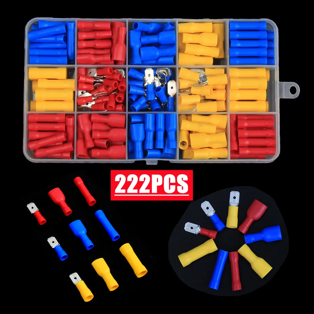 102/122/222/280/300pcs Assorted Spade Terminals Insulated Cable Splice Butt Connector Electrical Wire Crimp Ring Fork Lugs Kit