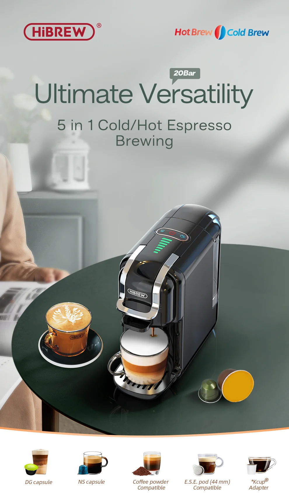 HiBREW 5 in 1 Multiple Capsule Coffee Machine Hot/Cold DG Cappuccino Nes Small Capsule ESE Pod Ground Coffee Cafeteria 20Bar H2B