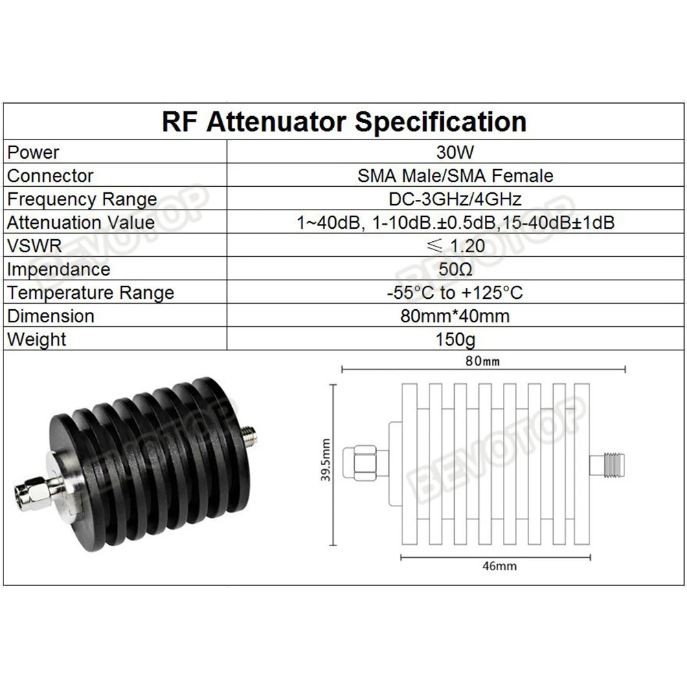 30W SMA Type Attenuator DC-3Ghz/4Ghz 1/2/3/5/6/10/15/20/30db/40db SMA Male Plug to Female Jack RF Coaxial Power Connector 50ohm