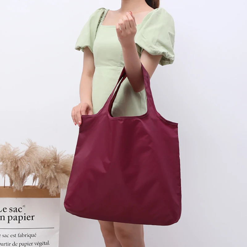 BIG Eco-Friendly Folding Shopping Bag Reusable Portable Shoulder Handbag for Travel Grocery Simple Solid Color Grocery Bag