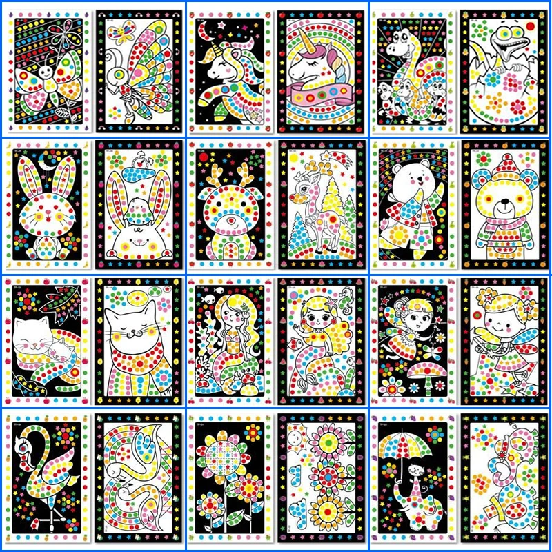 Children Colorful Round Dot Puzzle Stickers Cartoon Animal Mosaic Puzzle Stickers Patience Training DIY Education Toys Kids Gift