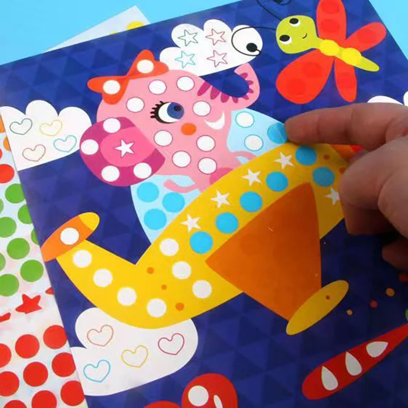 Children Colorful Round Dot Puzzle Stickers Cartoon Animal Mosaic Puzzle Stickers Patience Training DIY Education Toys Kids Gift