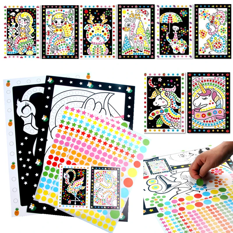 Children Colorful Round Dot Puzzle Stickers Cartoon Animal Mosaic Puzzle Stickers Patience Training DIY Education Toys Kids Gift