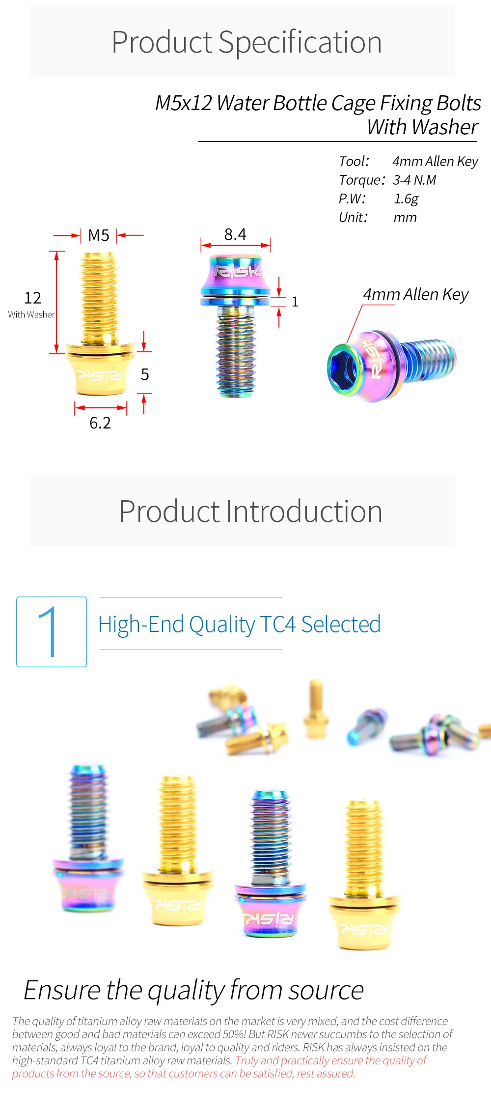 RISK M5x12 Bicycle Water Bottle Cage Fixing Bolts Titanium Road Mountain Bike Water Holder Screws Air Pump Holder Fixed Screws