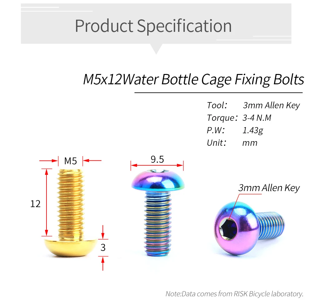 RISK M5x12 Bicycle Water Bottle Cage Fixing Bolts Titanium Road Mountain Bike Water Holder Screws Air Pump Holder Fixed Screws