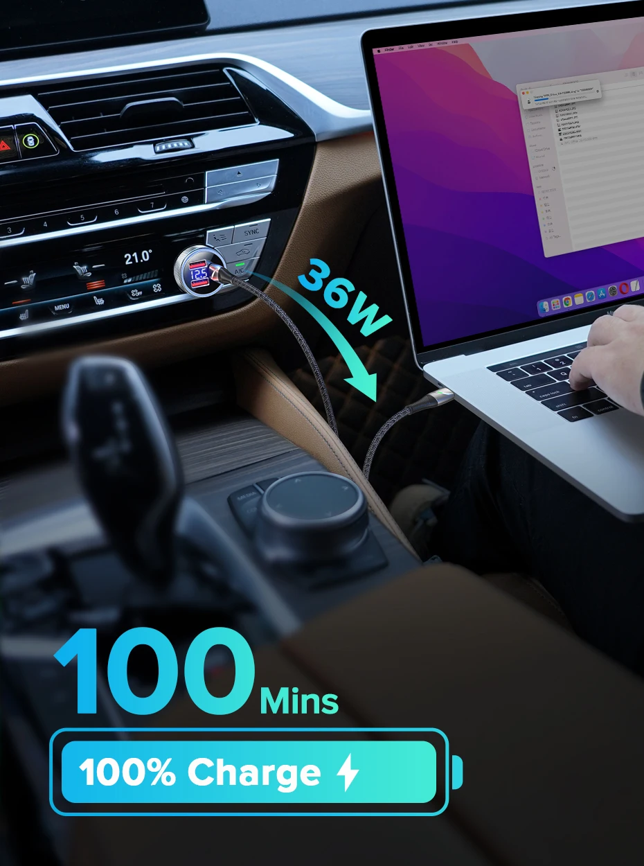 QOOVI 80W Car Charger PD USB Type C Dual Port USB Phone Charger Fast Charging For iPhone 13 Xiaomi Samsung iPad Laptops Tablets