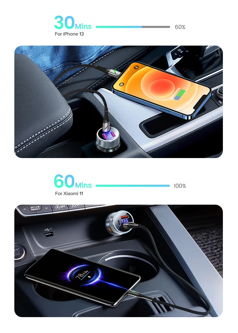 QOOVI 80W Car Charger PD USB Type C Dual Port USB Phone Charger Fast Charging For iPhone 13 Xiaomi Samsung iPad Laptops Tablets