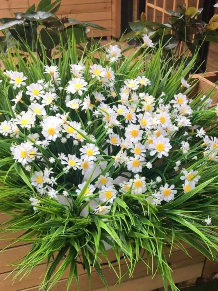 Artificial Daisies Flowers Outdoor UV Resistant Fake Foliage Plants Shrubs for Window Box Hanging Farmhouse Indoor Outside Decor