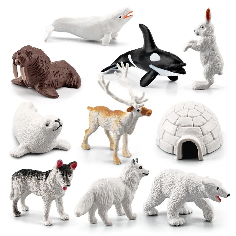 Realistic Polar Animals Model Figurines Toy Arctic Animal Figures Polar Bear Reindeer Seal Wolf Rabbit Arctic Fox Igloo 10PCS