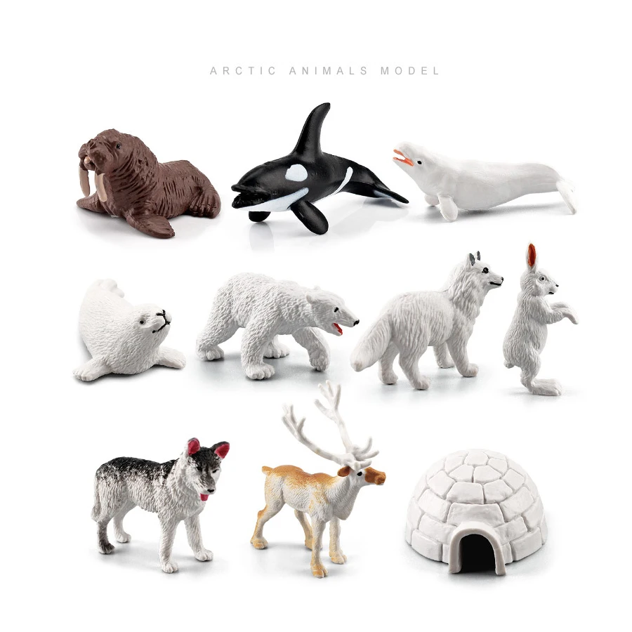 Realistic Polar Animals Model Figurines Toy Arctic Animal Figures Polar Bear Reindeer Seal Wolf Rabbit Arctic Fox Igloo 10PCS