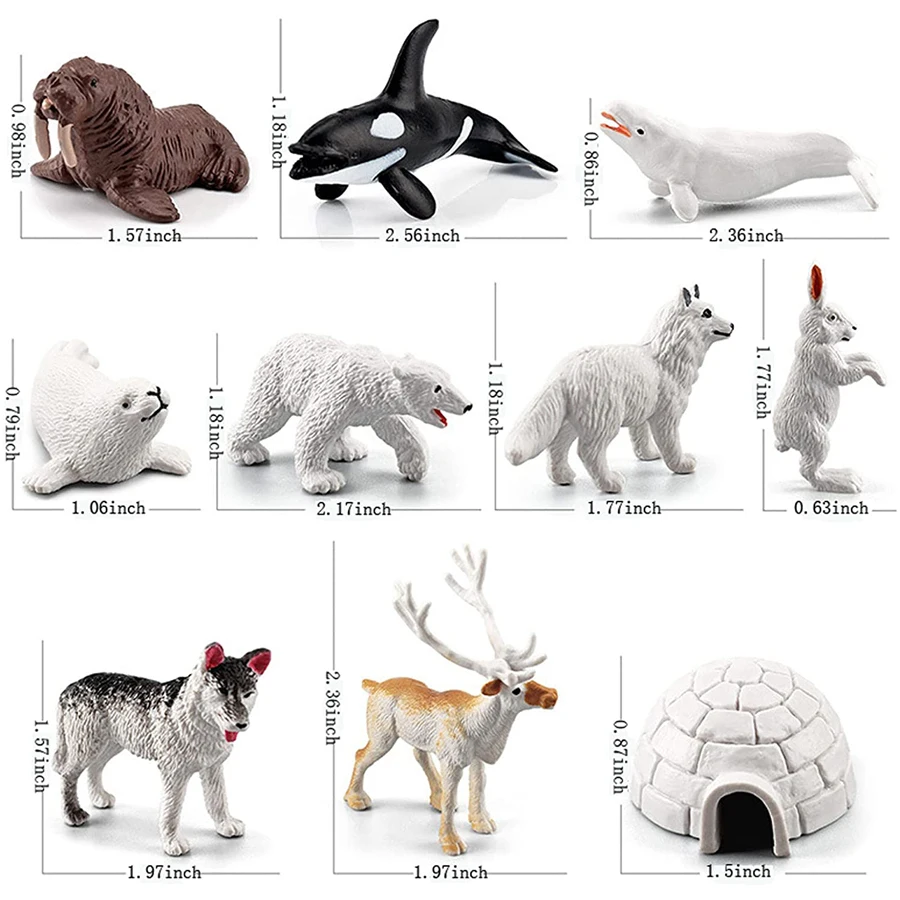 Realistic Polar Animals Model Figurines Toy Arctic Animal Figures Polar Bear Reindeer Seal Wolf Rabbit Arctic Fox Igloo 10PCS