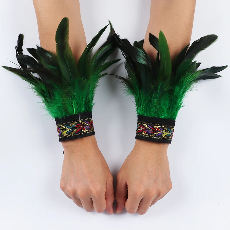 Gothic Punk Feather Wrist Cuff Steampunk Gloves Bracelet Carnival Stage Showgirl Hand Sleeves Party Cosplay Feather Arm Warmer