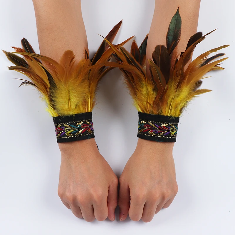 Gothic Punk Feather Wrist Cuff Steampunk Gloves Bracelet Carnival Stage Showgirl Hand Sleeves Party Cosplay Feather Arm Warmer