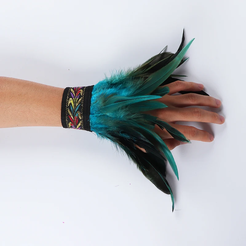 Gothic Punk Feather Wrist Cuff Steampunk Gloves Bracelet Carnival Stage Showgirl Hand Sleeves Party Cosplay Feather Arm Warmer