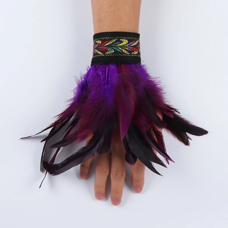 Gothic Punk Feather Wrist Cuff Steampunk Gloves Bracelet Carnival Stage Showgirl Hand Sleeves Party Cosplay Feather Arm Warmer