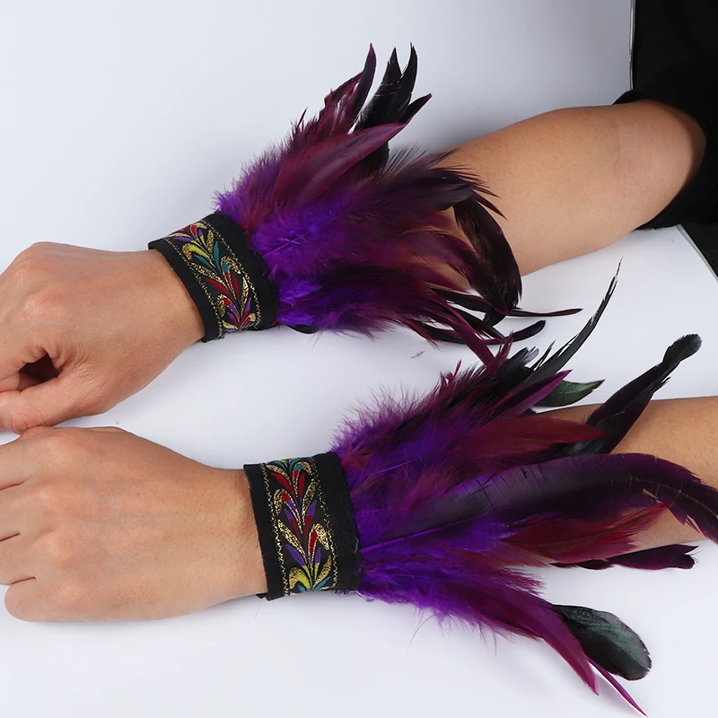 Gothic Punk Feather Wrist Cuff Steampunk Gloves Bracelet Carnival Stage Showgirl Hand Sleeves Party Cosplay Feather Arm Warmer