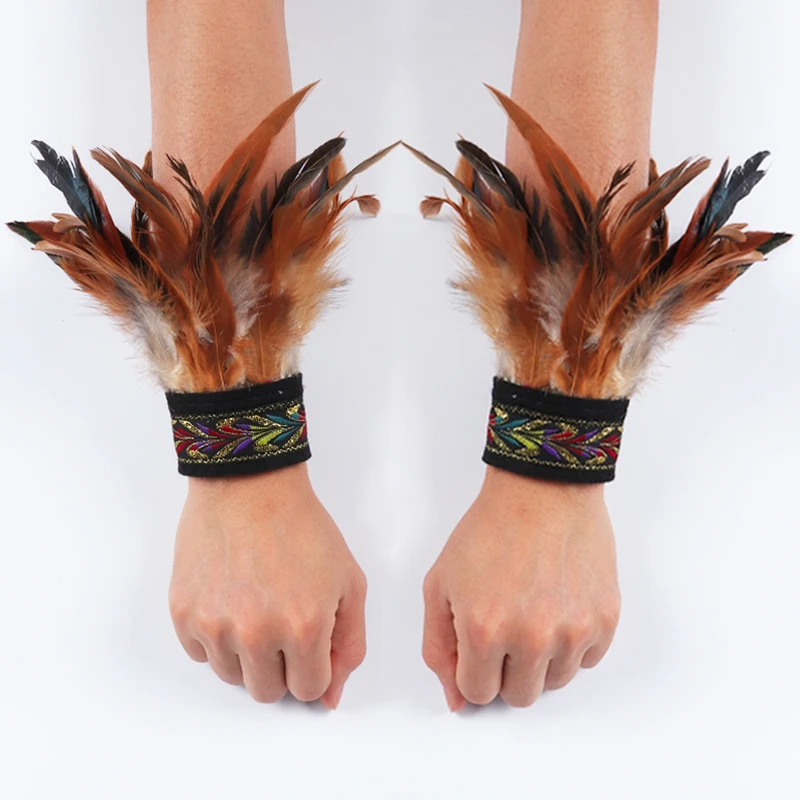 Gothic Punk Feather Wrist Cuff Steampunk Gloves Bracelet Carnival Stage Showgirl Hand Sleeves Party Cosplay Feather Arm Warmer