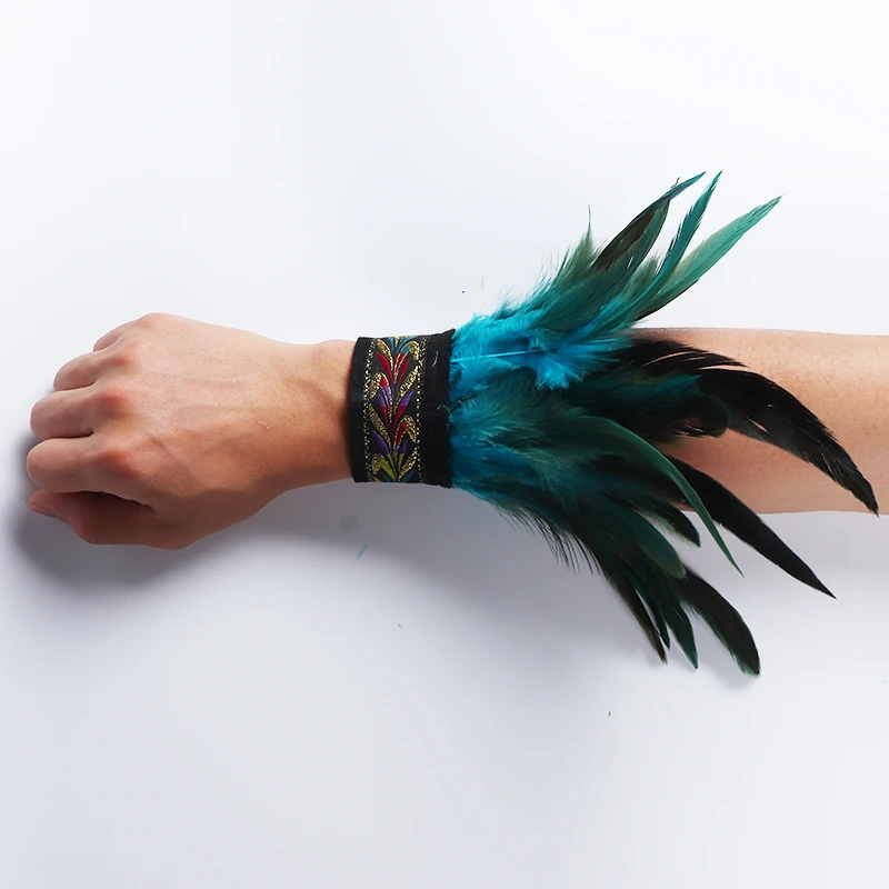 Gothic Punk Feather Wrist Cuff Steampunk Gloves Bracelet Carnival Stage Showgirl Hand Sleeves Party Cosplay Feather Arm Warmer