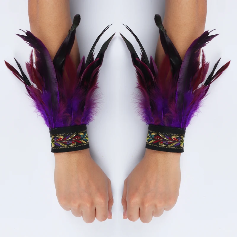 Gothic Punk Feather Wrist Cuff Steampunk Gloves Bracelet Carnival Stage Showgirl Hand Sleeves Party Cosplay Feather Arm Warmer