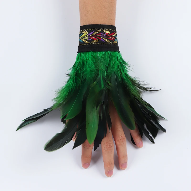 Gothic Punk Feather Wrist Cuff Steampunk Gloves Bracelet Carnival Stage Showgirl Hand Sleeves Party Cosplay Feather Arm Warmer