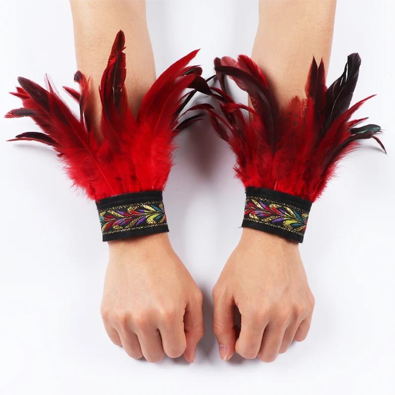 Gothic Punk Feather Wrist Cuff Steampunk Gloves Bracelet Carnival Stage Showgirl Hand Sleeves Party Cosplay Feather Arm Warmer