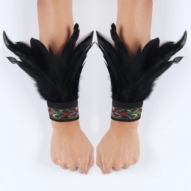 Gothic Punk Feather Wrist Cuff Steampunk Gloves Bracelet Carnival Stage Showgirl Hand Sleeves Party Cosplay Feather Arm Warmer