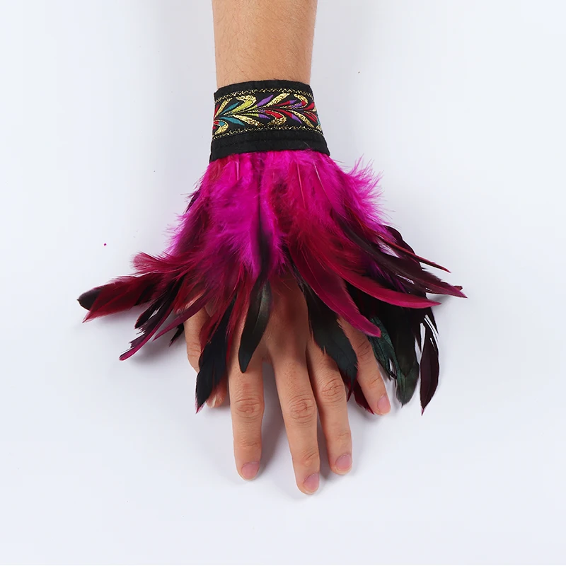 Gothic Punk Feather Wrist Cuff Steampunk Gloves Bracelet Carnival Stage Showgirl Hand Sleeves Party Cosplay Feather Arm Warmer