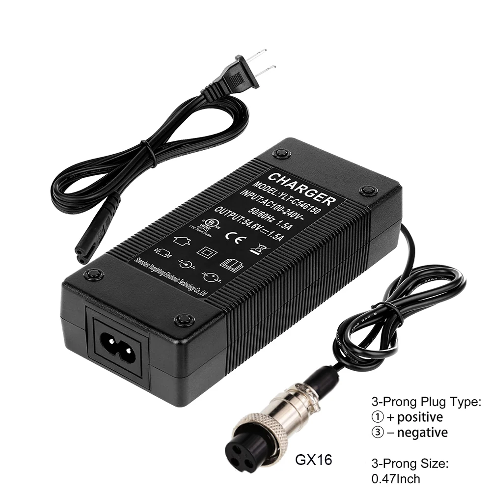 54.6V 2A 4A Power Supply Adapter Charger 3 Prong Jack GX16 for 48V Electric Hoverboard Health Care 13S Lithium Battery Charger