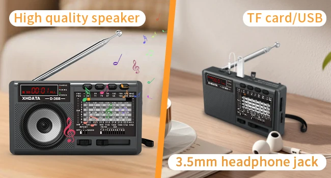 XHDATA D-368 FM Radio BT Portable AM FM SW 12 Bands Stereo Radio Receiver Wireless Pocket Bluetooth-compatible USB TF MP3 Player