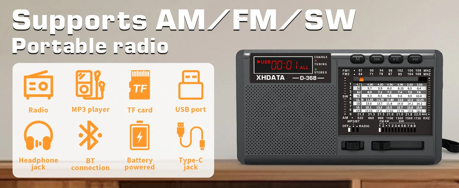 XHDATA D-368 FM Radio BT Portable AM FM SW 12 Bands Stereo Radio Receiver Wireless Pocket Bluetooth-compatible USB TF MP3 Player
