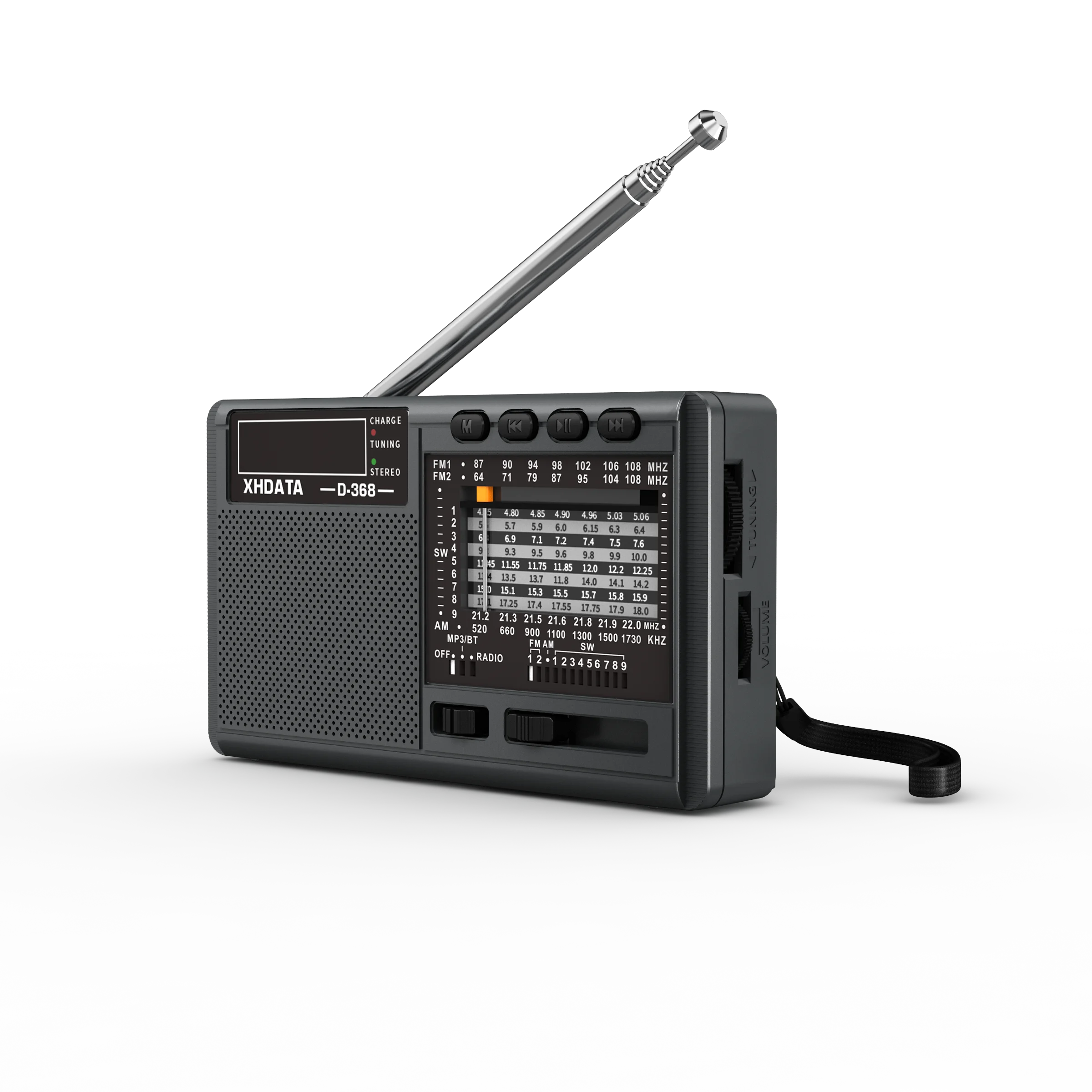 XHDATA D-368 FM Radio BT Portable AM FM SW 12 Bands Stereo Radio Receiver Wireless Pocket Bluetooth-compatible USB TF MP3 Player