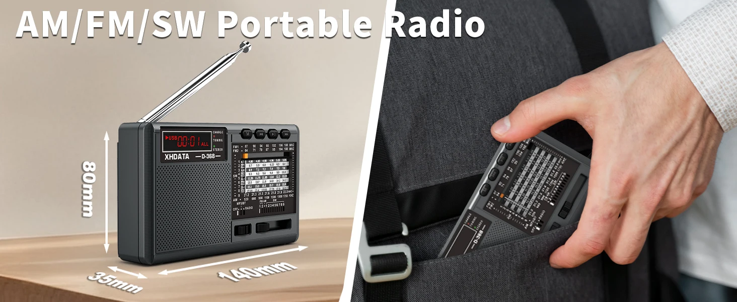 XHDATA D-368 FM Radio BT Portable AM FM SW 12 Bands Stereo Radio Receiver Wireless Pocket Bluetooth-compatible USB TF MP3 Player
