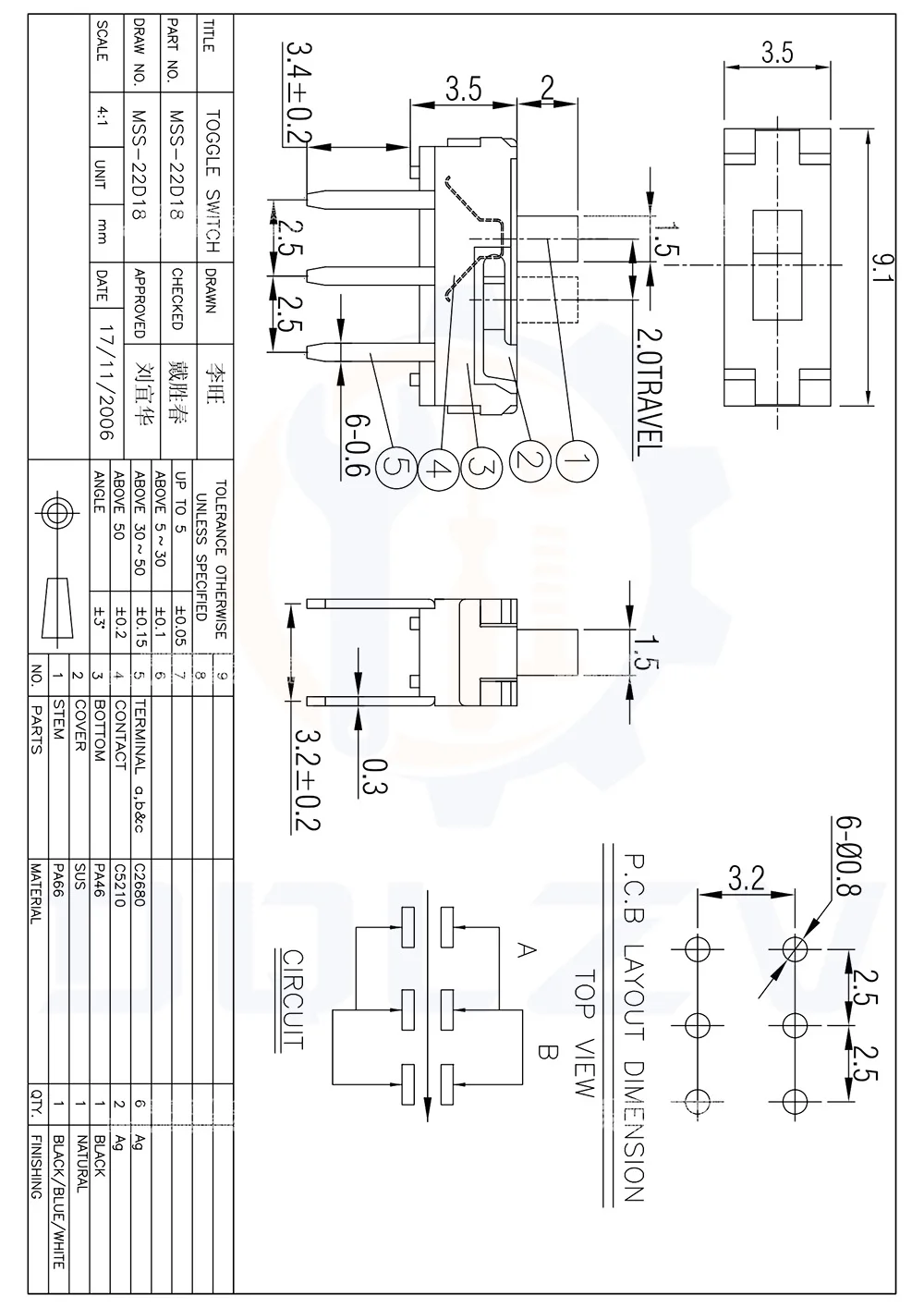 Toggle Switch DIP6 MSS22D18 Mini Miniature DIP Slide Switch 2P2T 6Pin Handle high 2mm
