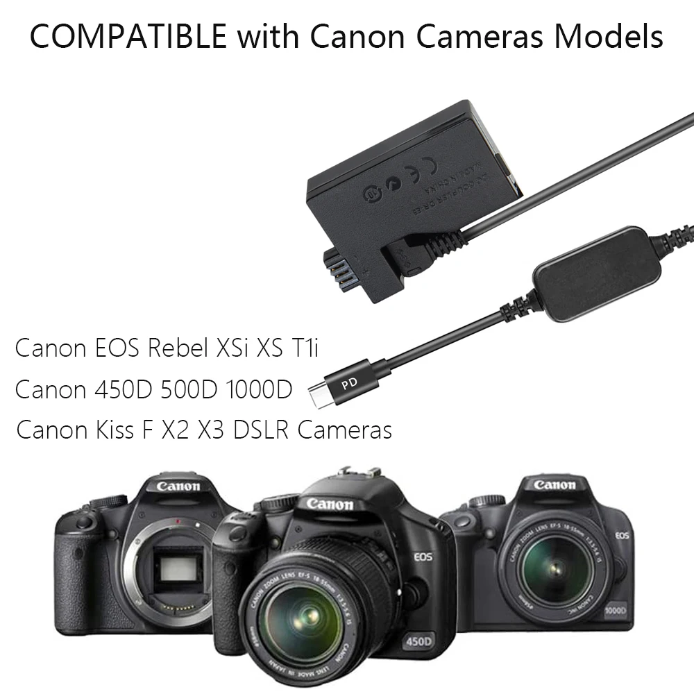 5V USB-C ACK-E5 Drive Cable Power Adapter LP-E5 Dummy Battery DR-E5 DC Coupler Grip for Canon EOS 450D 500D 1000D XS XSi T1i