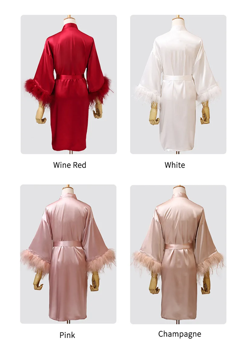 Women FEATHER Bride Bridesmaid Wedding Robe Satin Kimono Bathrobe Gown Nightwear Embroidery Letter Nightgown V-Neck Lingerie