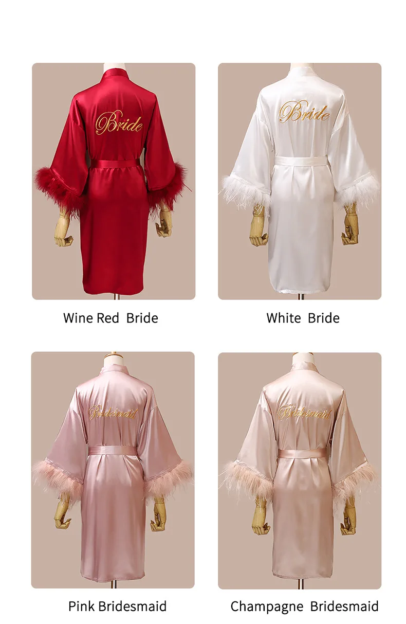 Women FEATHER Bride Bridesmaid Wedding Robe Satin Kimono Bathrobe Gown Nightwear Embroidery Letter Nightgown V-Neck Lingerie