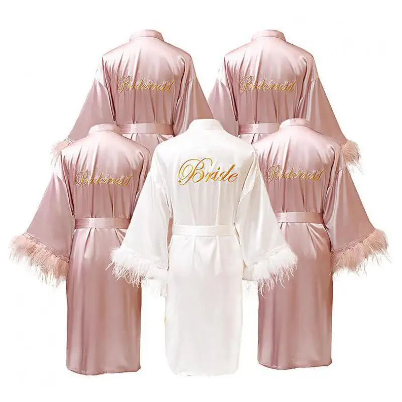 Women FEATHER Bride Bridesmaid Wedding Robe Satin Kimono Bathrobe Gown Nightwear Embroidery Letter Nightgown V-Neck Lingerie