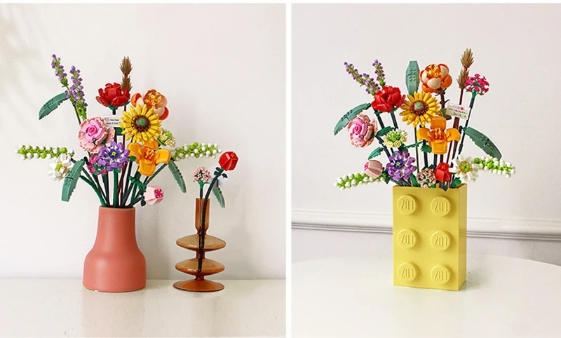 Mini Rose Building Blocks Flower Simulation Potted Bouquet 3D Model Home Decoration DIY Children's Educational Toys Girl Gift