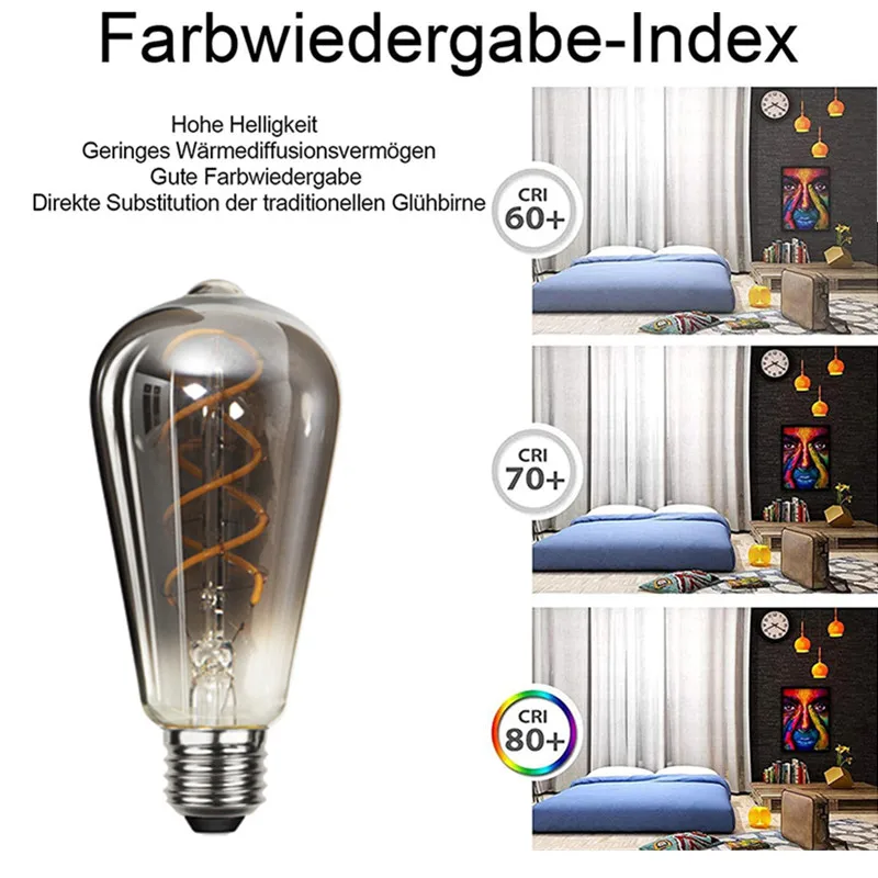LED ST64 G95 G125 4W 8W Dimmable E27 220V 110V Smoky Gray 2700K GSpiral Filament Bulb Retro Vintage Decorative Light Edison Lamp