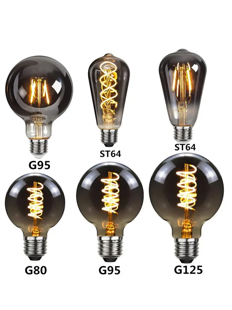 LED ST64 G95 G125 4W 8W Dimmable E27 220V 110V Smoky Gray 2700K GSpiral Filament Bulb Retro Vintage Decorative Light Edison Lamp