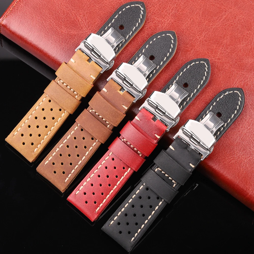 Genuine Leather Watch Band Bracelet 20mm 22mm 24mm Cowhide Vintage Watchband Deployment Clasp For Samsung Galaxy Watch 3 4 Strap