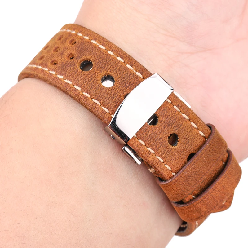 Genuine Leather Watch Band Bracelet 20mm 22mm 24mm Cowhide Vintage Watchband Deployment Clasp For Samsung Galaxy Watch 3 4 Strap