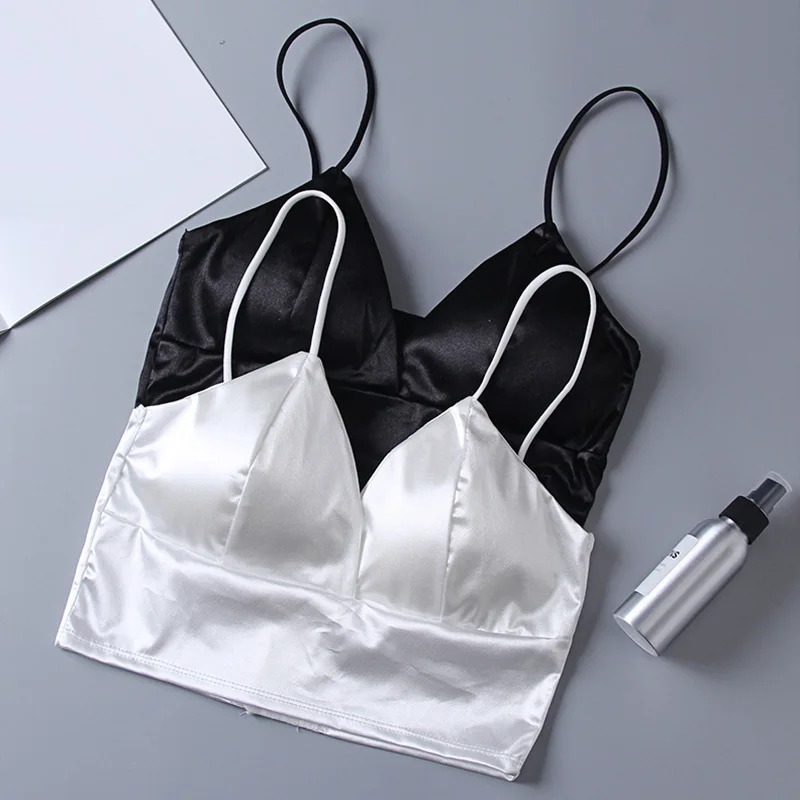 Sexy Satin Crop Tops Women Wireless Bralette Crochet Top Female Spaghetti Strap T-shirt Cropped With Chest Padded Camisole