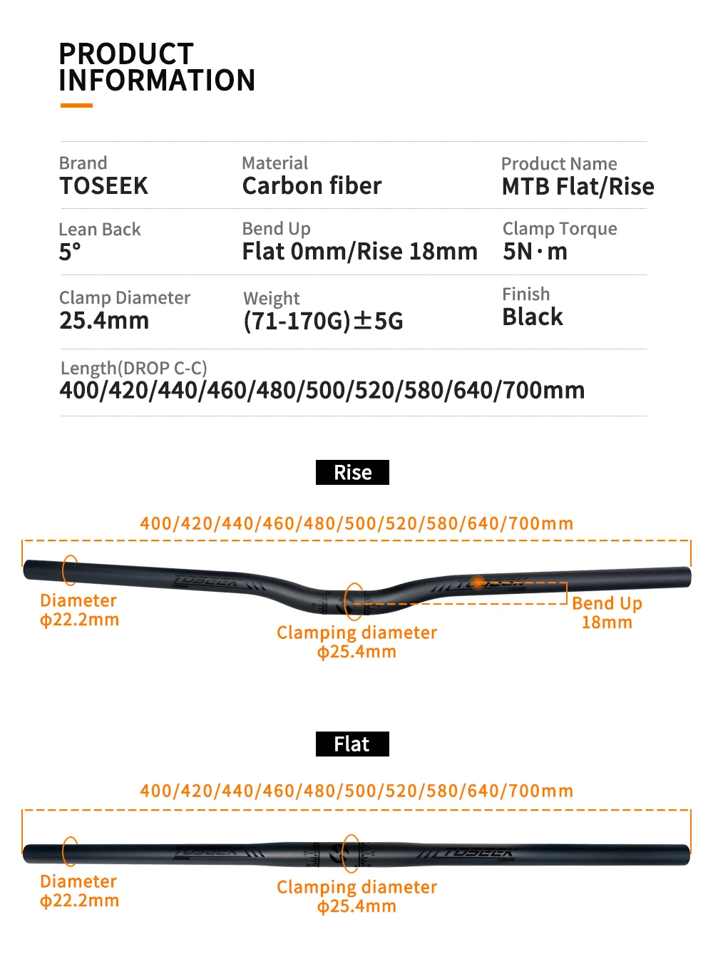 TOSEEK Carbon Handlebar for Stem 25.4mm Handle Bar Folding MTB Kids' Bike Parts Bicycle Bars Matt Black