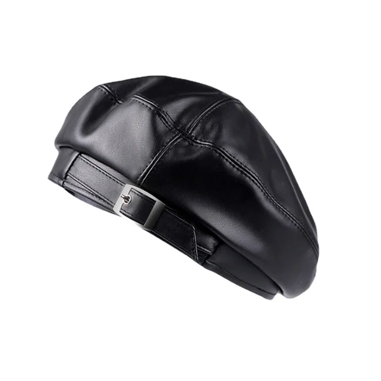 Fashion Girl Leather Beret Beanie Hat Cap Women Plain Beret Hats Solid Color Elegant Lady Artist Caps Belt Beanies
