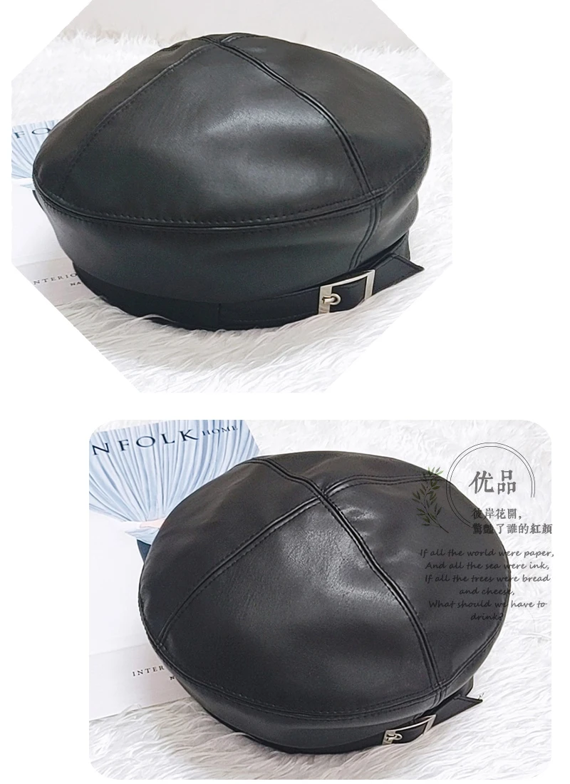 Fashion Girl Leather Beret Beanie Hat Cap Women Plain Beret Hats Solid Color Elegant Lady Artist Caps Belt Beanies